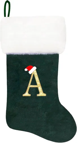 Vista 56 de Calcetines de Navidad bordados de 20 pulgadas con monograma, terciopelo negro con puño de felpa blanca supersuave, adornos clásicos para decoración