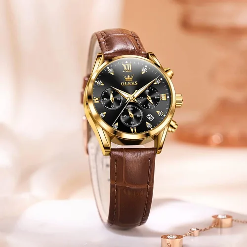 Vista 2 de OLEVS Reloj de pulsera para mujer, correa de cuero, reloj de cuarzo, cronógrafo, fecha, impermeable, luminoso, regalo para mujer