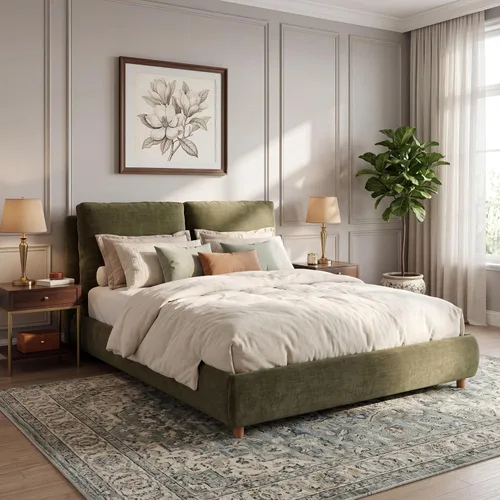 Vista 3 de Merax Cama de plataforma tapizada de tela Boucle tamaño Queen con dos cabeceras de almohada extraíbles, marco de cama de madera con patas redondas