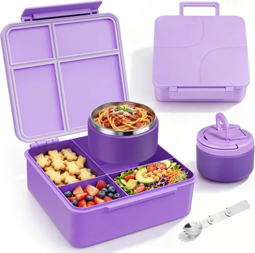 Vista 8 de MAXSO Set de Lonchera Bento para Niños con Termo de Sopa de 8 oz, Envase para Comida Caliente a Prueba de Fugas con 4 Compartimentos, Tarro