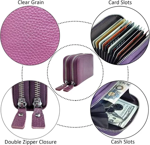 Vista 4 de Cartera de cuero para mujer, con doble tarjeta, tarjetero con cremallera, múltiples compartimentos, bloqueo RFID C-W-1, Rosado, Talla única
