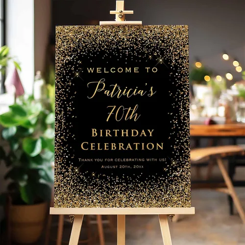 Vista 8 de Cartel de bienvenida de celebración de cumpleaños con purpurina dorada impresa (no lámina real), letrero decorativo personalizado para fiesta