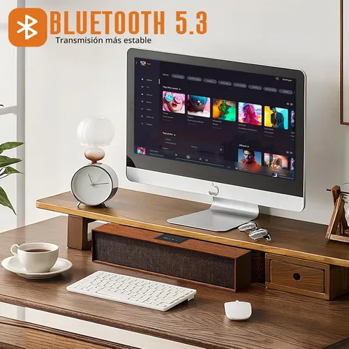 Vista 4 de Altavoces retro para computadora, barra de sonido de madera con Bluetooth 5.3 y conectividad USB, compatibilidad universal para PC, escritorio