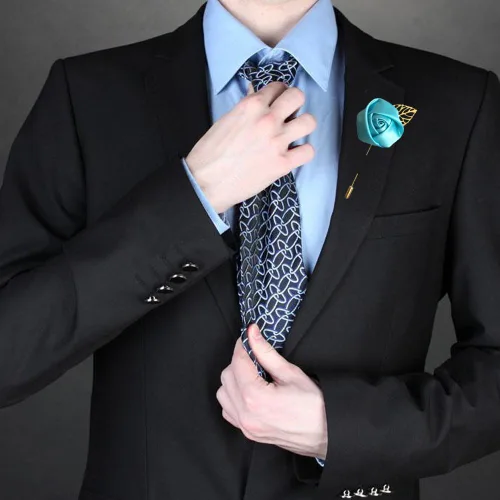 Vista 2 de 12 unids/lote Novio Boutonniere boda seda rosa (1.4 in) flores accesorios Prom Pin hombre traje decoración azul