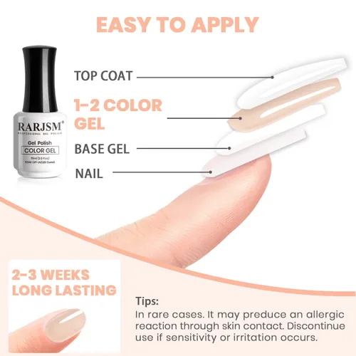 Vista 8 de RARJSM Esmalte de uñas de gel color albaricoque nude, esmalte de gel neutro transparente crema nude, curado LED UV, removible por remojo, esmalte