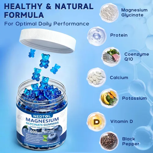 Vista 3 de Gomitas de glicinato de magnesio de 600 mg, suplemento de magnesio y potasio sin azúcar para adultos con L-treonato de magnesio, vitamina D, B6