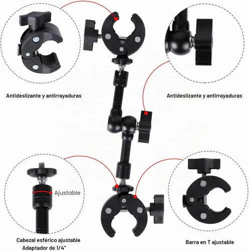 Vista 2 de PellKing Abrazadera de doble abrazadera para cámara, con brazo mágico de 360°, adaptador doble de 1/4 "-20 para paraguas, poste, escritorio
