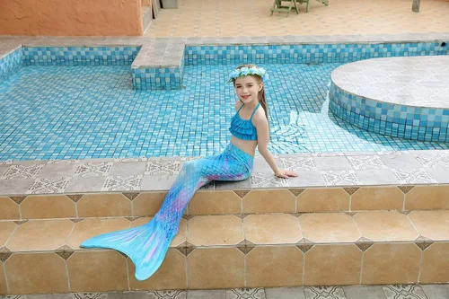 Vista 5 de DNFUN Traje de baño de sirena de 3 piezas para niñas, con cola de sirena, sin monoaleta