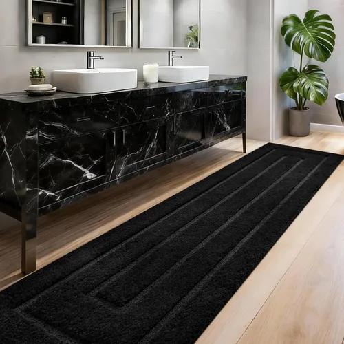 Vista 24 de HOMORE Alfombra de baño negra de 24 x 17 pulgadas, suave y absorbente, alfombra de baño pequeña, alfombra de baño lavable antideslizante para bañera