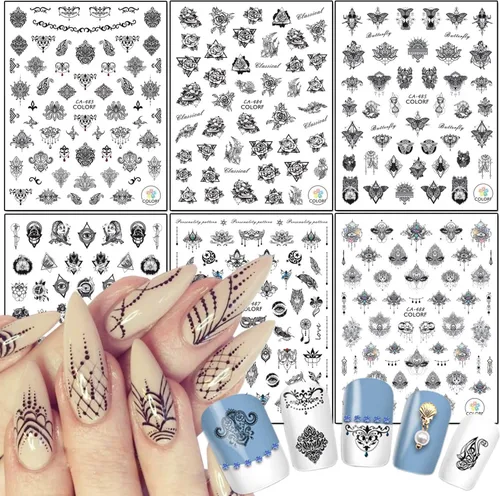 Vista 10 de Calcomanías doradas para arte de uñas, relojes, flores, hojas, mariposas, amor, corazón, estrellas, ala, calcomanías autoadhesivas para uñas