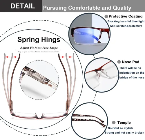 Vista 4 de EYEURL Paquete de 4 lentes de lectura con luz azul de medio marco para hombres, lectores rectangulares sin montura para mujeres, lentes de bisagra