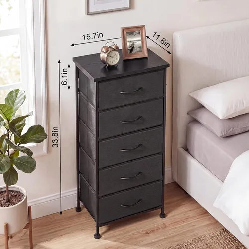 Vista 2 de Fixwal Cómoda negra alta y delgada para dormitorio, organizador de almacenamiento estrecho con 5 cajones de tela, muebles de mesita de noche