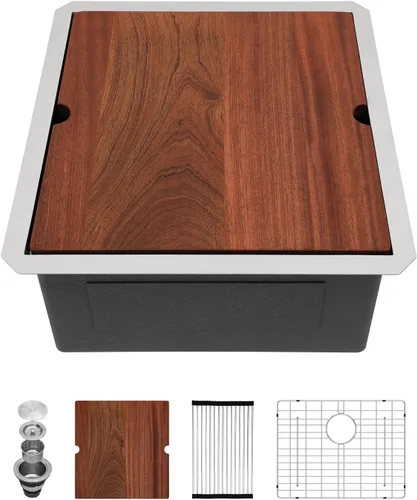 Vista 24 de Sarlai Fregadero de cocina empotrado de 30 pulgadas dorado - Fregadero de cocina de 76,2 cm x 45,7 cm con repisa para estación de trabajo de acero