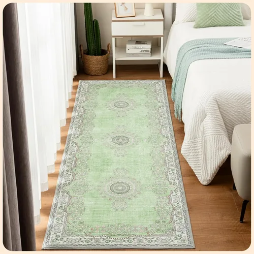 Vista 250 de Istana Alfombra larga antideslizante de 2.5 x 8 para el hogar, para pasillo y cocina, lavable, sedosa y suave al tacto, elegante, color azul y marfil