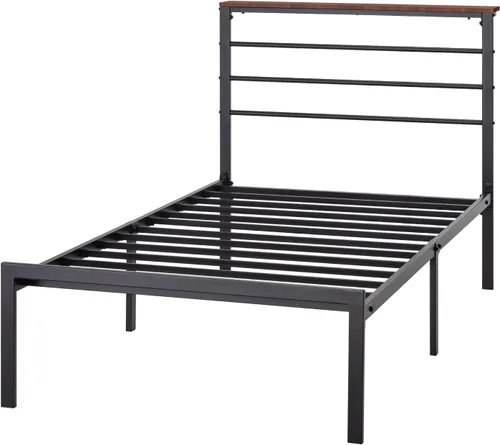 Vista 9 de SHA CERLIN Marco de cama tamaño twin con estante de cabecera y base de metal resistente, no necesita somier, marrón