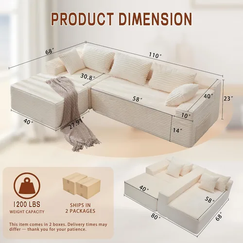 Vista 3 de Korser - Sofá modular modular en forma de L de 110 pulgadas con diván, cómodo sofá de pana sin hueso con asiento profundo y bolsillos laterales