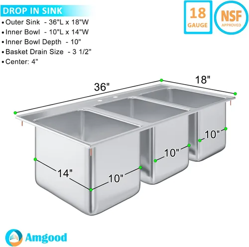 Vista 3 de AmGood Fregadero de acero inoxidable con 3 compartimentos, certificado NSF (10 x 14 x 10 pulgadas)