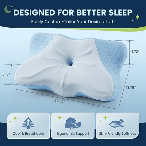 Vista 2 de OLIXIS Almohada cervical de contorno para aliviar el dolor de cuello, ergonómica de doble altura Azul