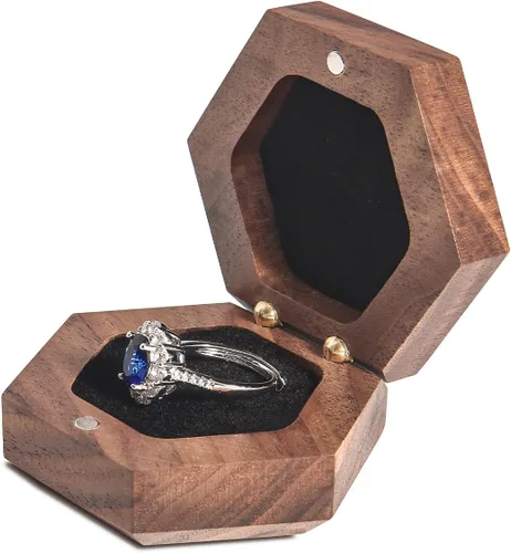 Vista 3 de Caja de madera para anillos para propuestas y anillos de compromiso, perfecta para anillos de compromiso, caja de regalo para anillos pequeños