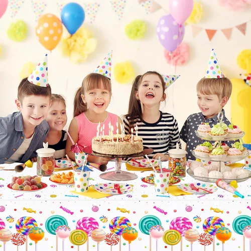 Vista 4 de PHOGARY Sweet Candyland - Mantel de plástico con temática de caramelos, dos manteles de cumpleaños de dulces manteles coloridos de piruletas