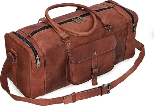 Vista 2 de Bolsa de lona de cuero genuino de 22 y 24 pulgadas Bolsa de cuero para viajes durante la noche Bolsa de deporte para gimnasio para hombres