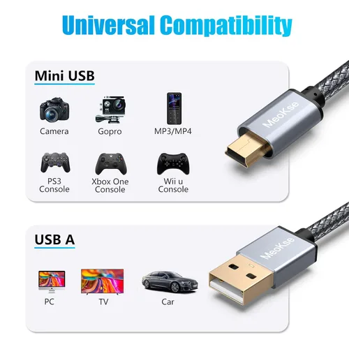 Vista 3 de NA Meokse - Cable mini USB de 20 pies / 19.7 ft, cable USB 2.0 trenzado de nailon tipo A a mini B con carcasa de aluminio y conectores chapados