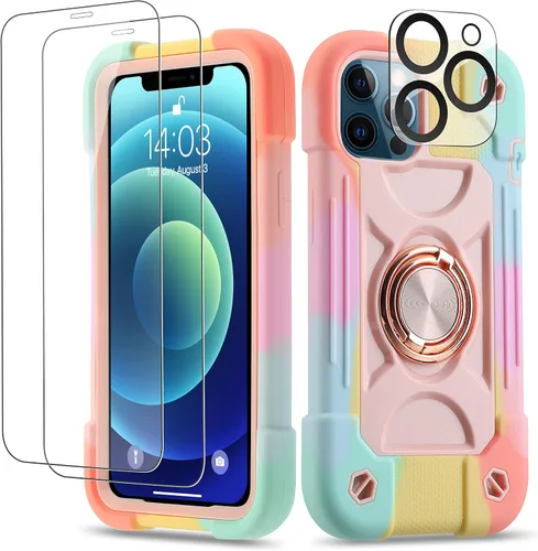 Vista 117 de Funda para iPhone 11 de 6.1 pulgadas con soporte de anillo, con 2 protectores de pantalla de vidrio, resistente a los golpes, resistente a