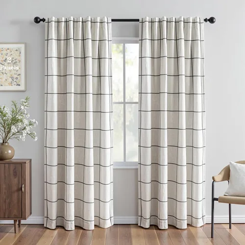 Vista 29 de MYSKY HOME Cortinas de Lino a Cuadros 100% Opacas de 45 Pulgadas de Largo de Doble Capa Estilo Granja con Aislamiento Térmico Estampado a Cuadros