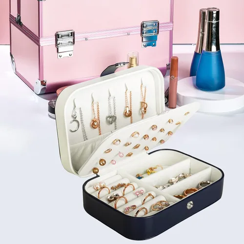 Vista 2 de Joyero para viaje, pequeño organizador de piel sintética para mujeres y niñas, estuche miniatura de viaje de doble capa, portátil, de exhibición