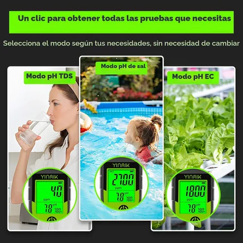 Vista 2 de Probador de Sal para Piscina, Medidor Digital 5 en 1 de pH, TDS, EC y Salinidad con Kit de Solución de Calibración, Visualización Simultánea de ppm
