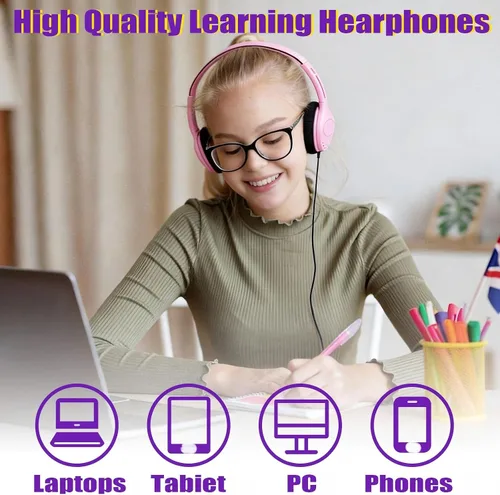 Vista 4 de Yunsailing Paquete de 10 auriculares con cable sobre la oreja a granel para estudiantes de aula escolar, diadema ajustable con conector de 0.138 in