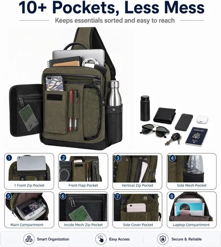 Vista 5 de Bolsa de mensajero para hombre, bolsa cruzada de lona, mochila cruzada, bolsa de hombro para laptop, senderismo, mochilas casuales tácticas
