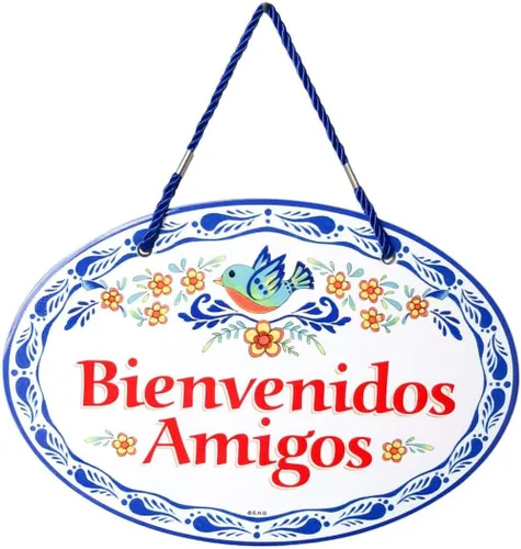 Vista 4 de Essence of Europe Gifts Letrero de cerámica tradicional latino de 8.75 x 6 pulgadas, letrero de bienvenida español con ilustraciones en relieve