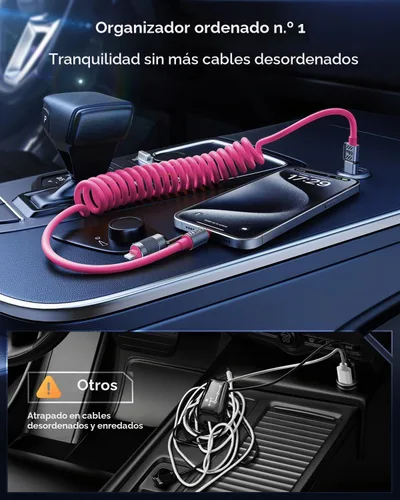 Vista 4 de Cable USB C en espiral 4 en 1 para automóvil de 5 pies [carga rápida de 60 W] compatible con cable Lightning [CarPlay y Android Auto] Combo de cable