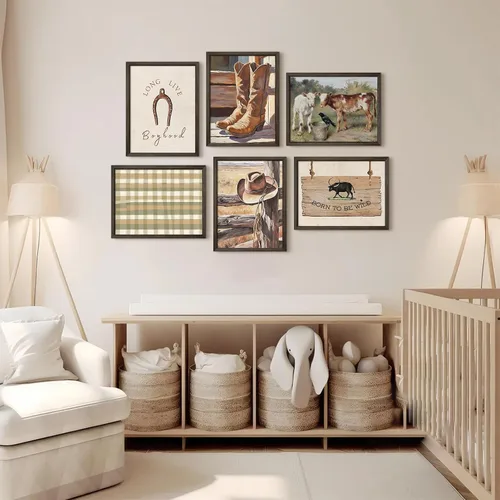 Vista 4 de Arte de pared de vaquero, imágenes en lienzo para guardería, decoración de pared de vaca occidental, impresiones de habitación de niños, póster