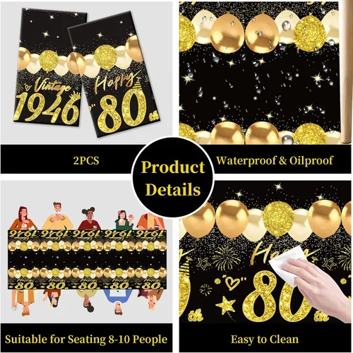 Vista 39 de Uiorgui 2 piezas mantel de cumpleaños número 18, mantel de cumpleaños número 18 negro dorado para niños y niñas, mantel de plástico rectangular