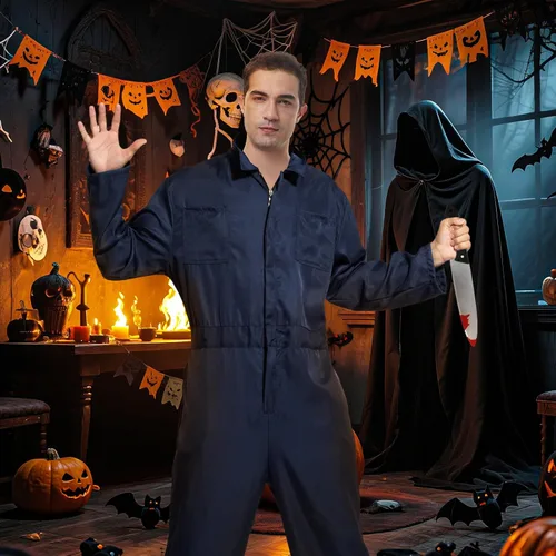 Vista 4 de Adult Scary Halloween Costume Creepy Killer Jumpsuit Coveralls with Bloody Knife Toy Halloween Cosplay Outfit for Men