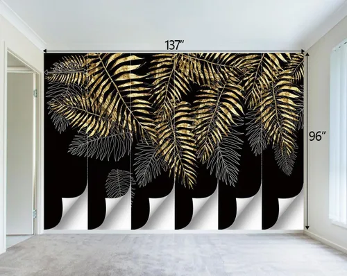 Vista 4 de Mural de hojas negras y doradas para dormitorio, papel tapiz botánico tropical, decoración de plantas, sala de estar, fondo de televisión, mural
