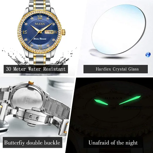 Vista 57 de OLEVS - Relojes de diamantes para hombres, relojes de vestir a prueba de agua, relojes analógicos de cuarzo de lujo con calendario de fecha y correa