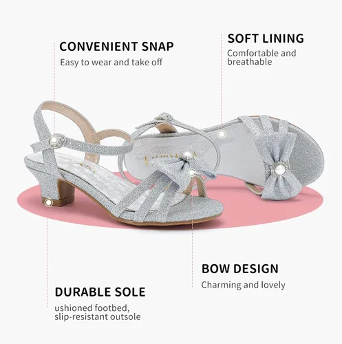 Vista 4 de Sandalias para niñas, zapatos de vestir para fiesta de boda, puntera abierta, tacones altos con purpurina para niños pequeños y grandes