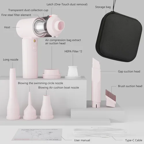 Vista 6 de Aspiradora de coche, soplador de aire portátil 4 en 1 16000 PA de alta potencia de 90 ° plegable inalámbrico sin escobillas, color rosa