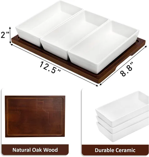 Vista 2 de Elsjoy Bandeja de servir de 3 secciones, plato de madera dividido con cuencos de cerámica, bandeja de inmersión de 3 compartimentos para aperitivos