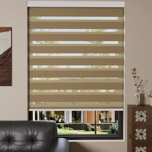 Vista 7 de MYshade Persianas enrollables de cebra opacas (85 %) con cordón para ventanas interiores, persianas de doble capa beige para dormitorio, baño, sala