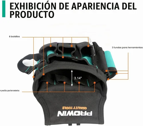 Vista 6 de Prowin - Bolsa de herramientas organizadora de bolsillo para electricista, bolsa de cinturón de herramientas duradera