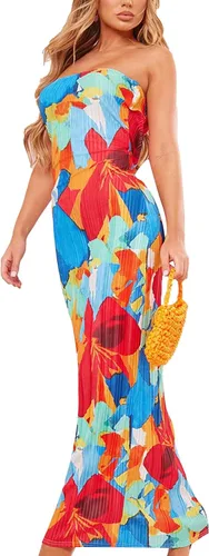 Vista 3 de Vestido de tubo ajustado Y2k para mujer, corte bajo, sin espalda, sin tirantes, vestido largo sexy recortado con hombros descubiertos, ropa de club