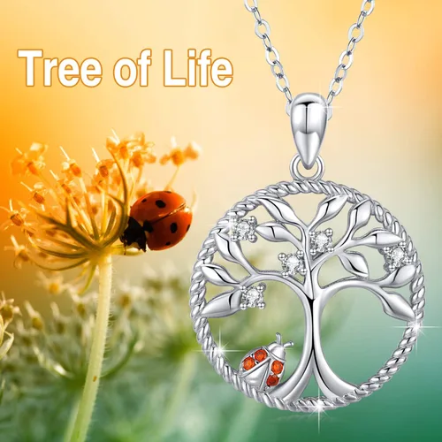 Vista 2 de JUSTKIDSTOY Collar con colgante de árbol de la vida, diseño de mariquitaunicorniolama, plata de ley 925, joyería de animales lindos regalos