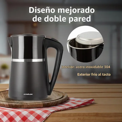 Vista 3 de Hervidor eléctrico Epsilon 1100W - 1.7L, tetera eléctrica con protección contra secado y apagado automático, tetera eléctrica de hervido rápido