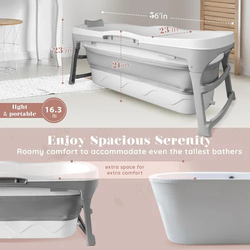 Vista 8 de Bañera portátil para adultos: bañera plegable extragrande de 56 pulgadas. Diseño ergonómico para el baño relajante definitivo, baño de hielo. Ideal