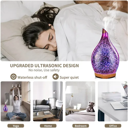 Vista 6 de Porseme Difusor de Aceite Esencial de 280ml, Difusor de Aroma 3D de Vidrio Soplado a Mano, Difusor Ultrasónico de Aromaterapia de Niebla Fresca