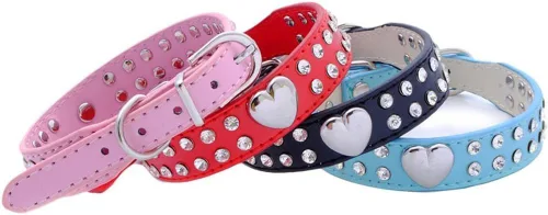 Vista 4 de Lindo collar de perro de 2 filas de diamantes de imitación con forma de corazón tachonado para perro pequeño o mediano, azul, XS